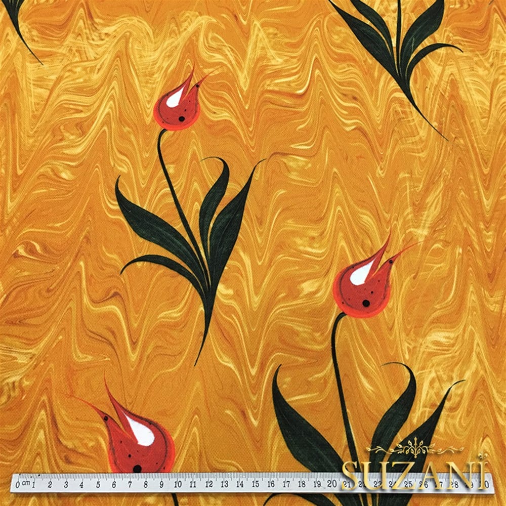 Sarı Zemin Ebru Sanatı Lale Desenli Kumaş