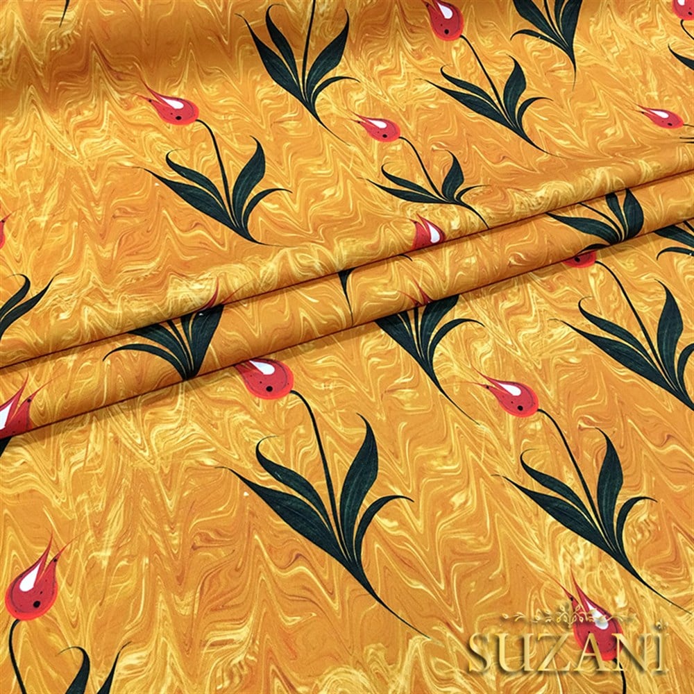 Sarı Zemin Ebru Sanatı Lale Desenli Kumaş