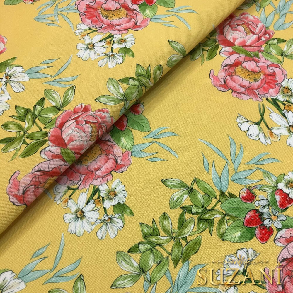 Sarı Zemin Şakayık Desenli Dijital Baskılı Kumaş