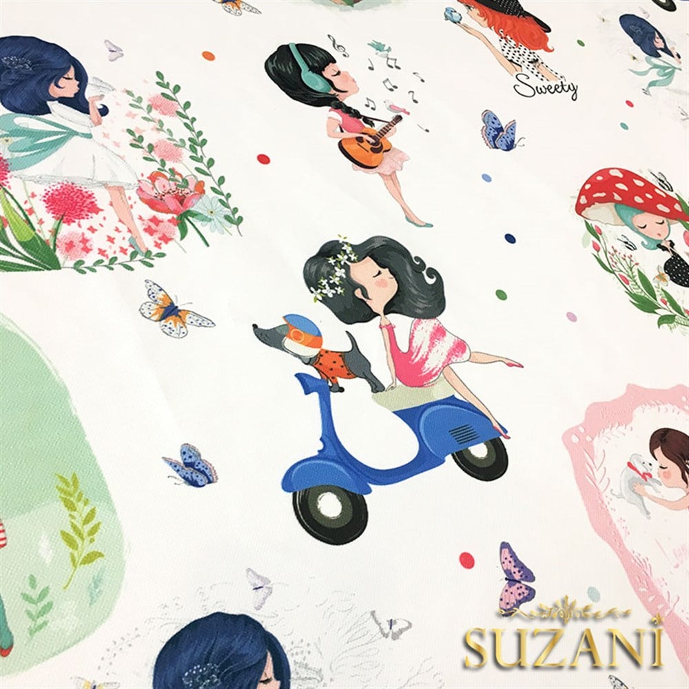 Sevimli Kızlar Desenli Kumaş