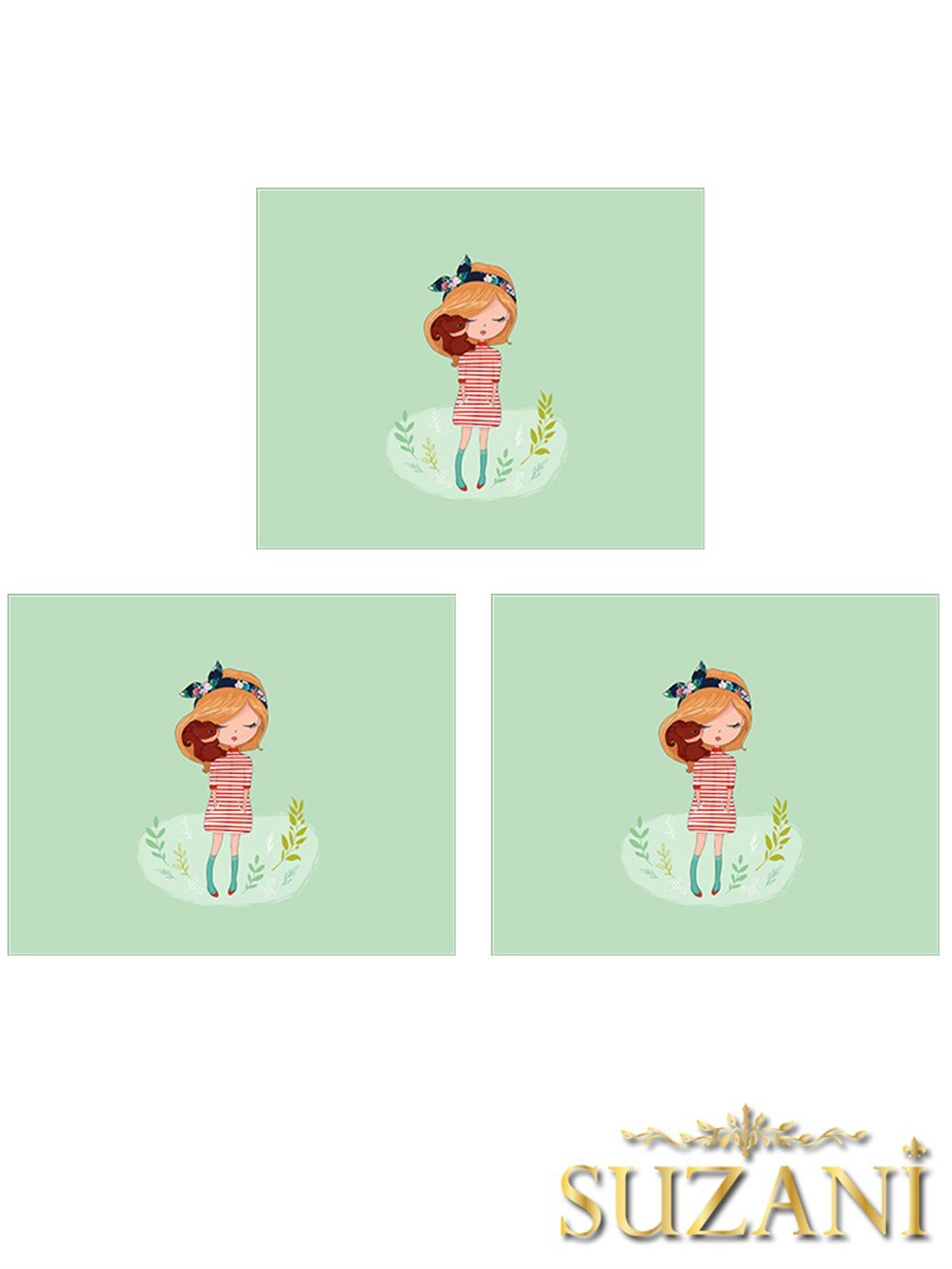 Sincap ve Kız Desenli 3'lü Beslenme Örtüsü, Amerikan Servisi Kumaşı