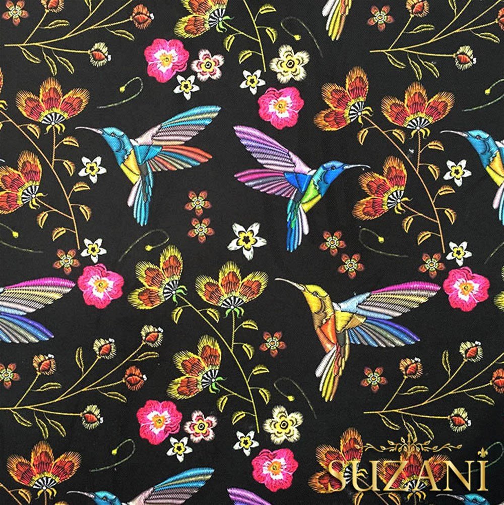 Sinek Kuşu Desenli Nakış Efektli Kumaş