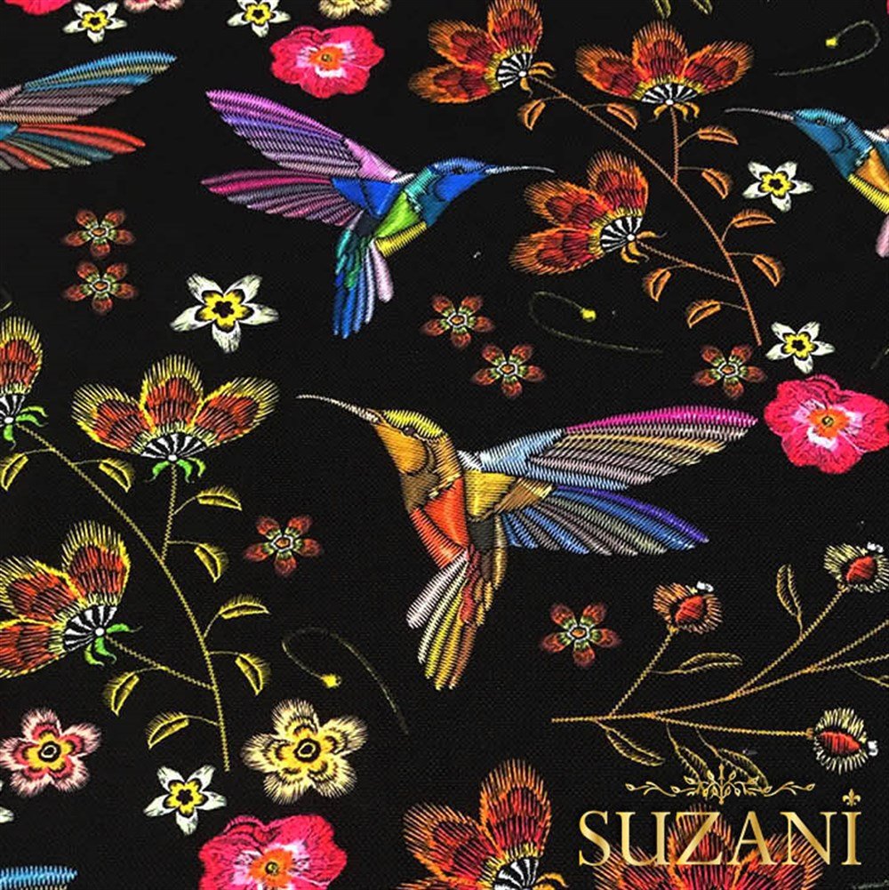 Sinek Kuşu Desenli Nakış Efektli Kumaş