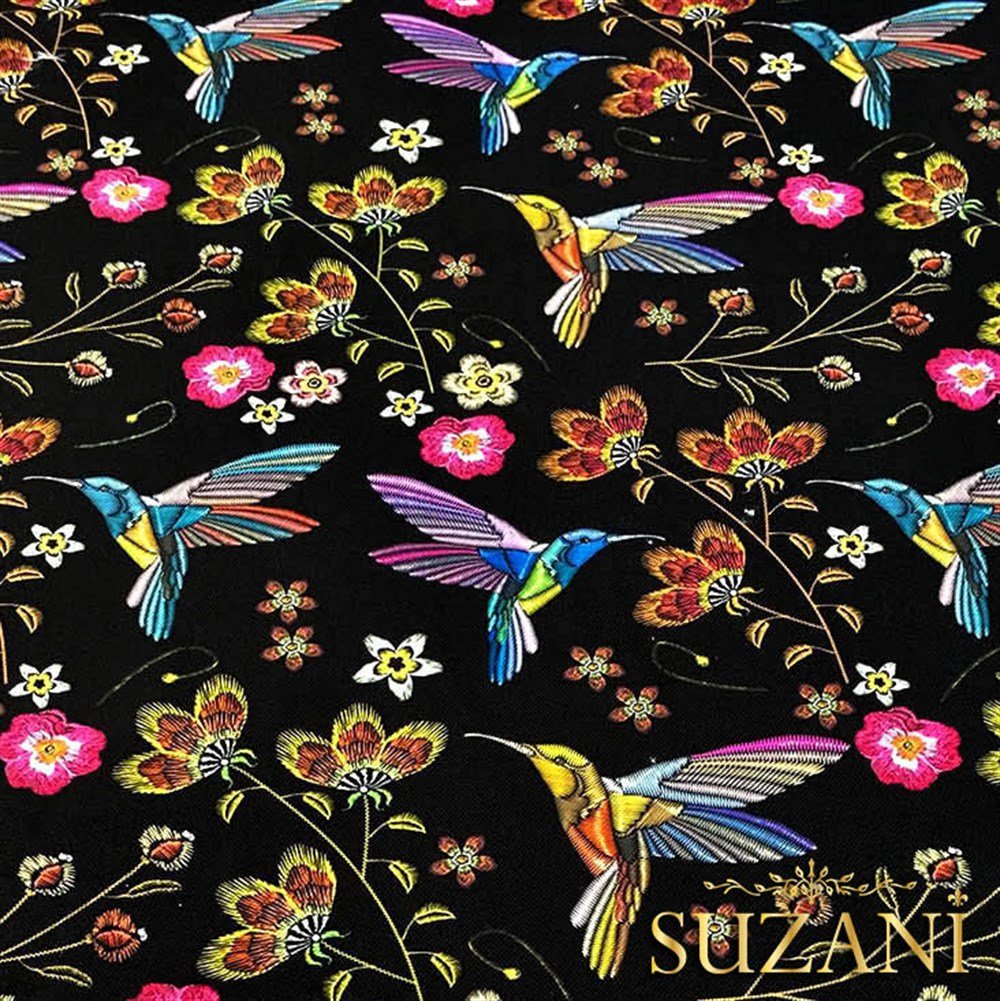 Sinek Kuşu Desenli Nakış Efektli Kumaş