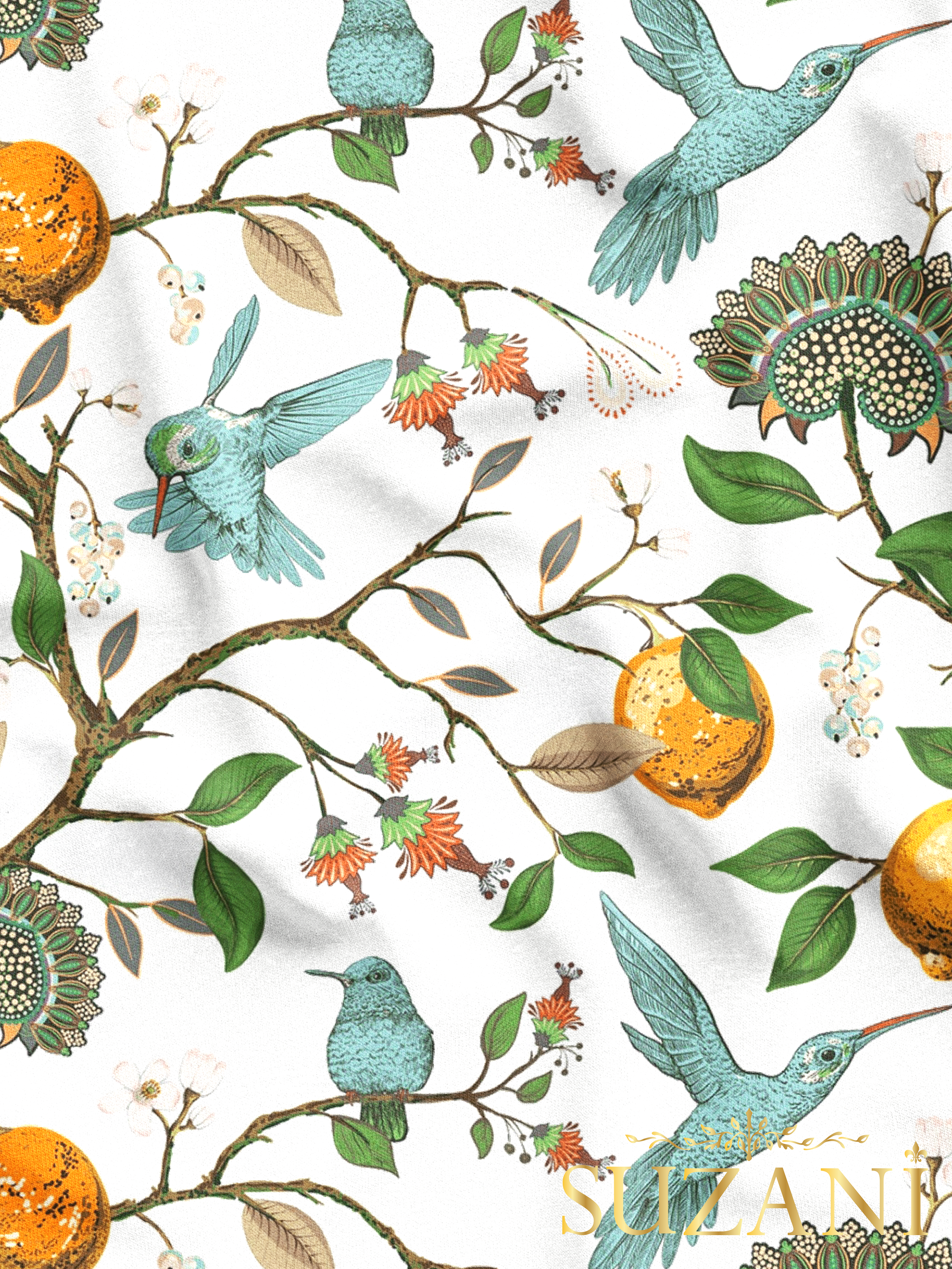 Sinek Kuşu ve Limon Ağacı Desenli Dijital Baskılı Kumaş