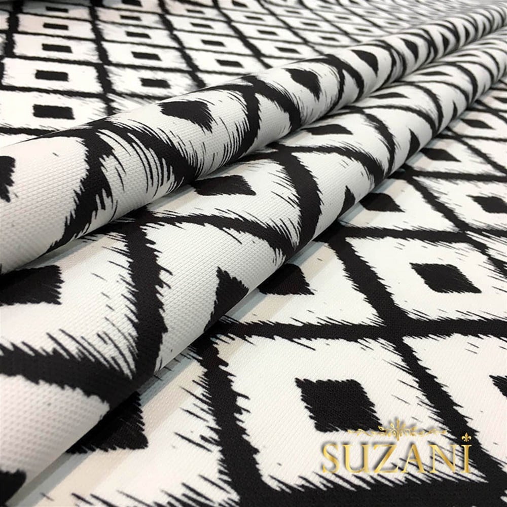 Siyah Beyaz İkat Baklava Desenli Kumaş