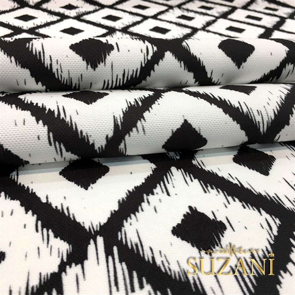 Siyah Beyaz İkat Baklava Desenli Kumaş