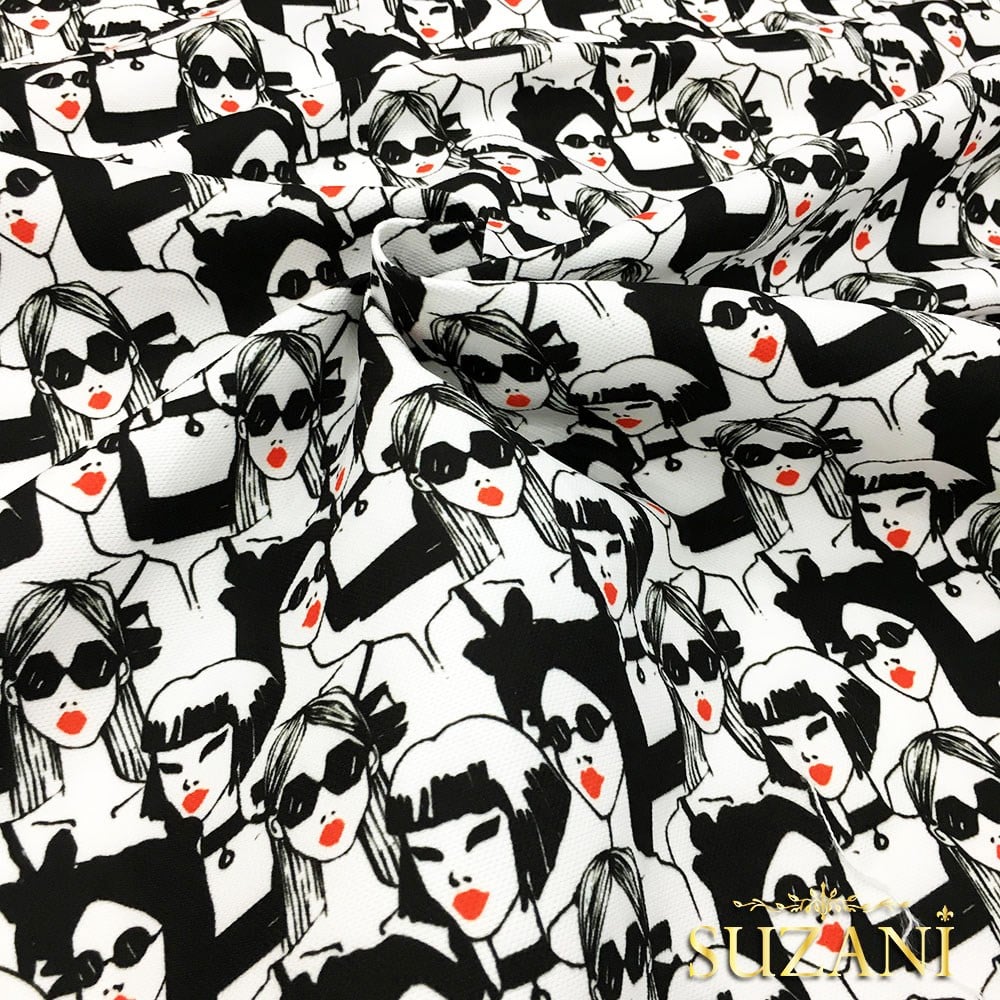 Siyah Beyaz Kadınlar Desenli Kumaş