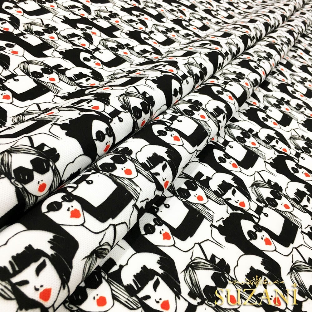 Siyah Beyaz Kadınlar Desenli Kumaş