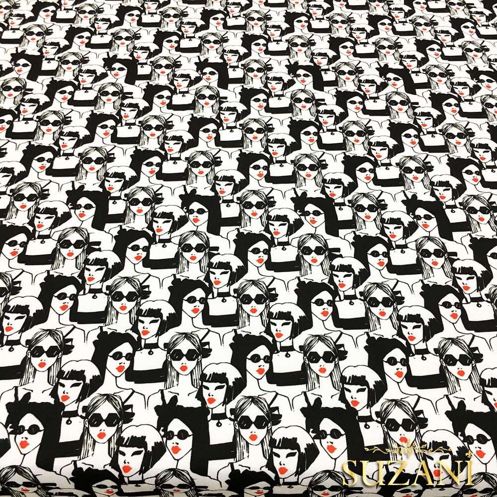 Siyah Beyaz Kadınlar Desenli Kumaş