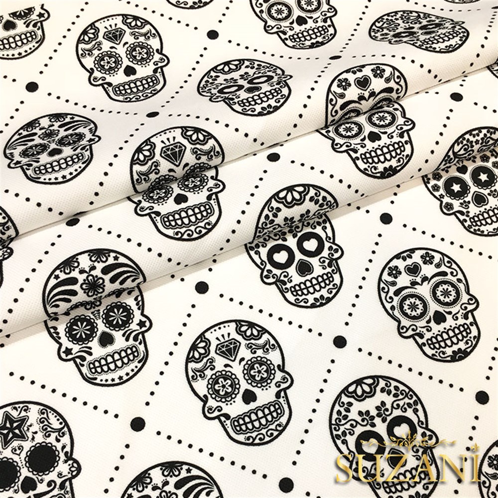 Siyah Beyaz Küçük Kurukafa Desenli Kumaş