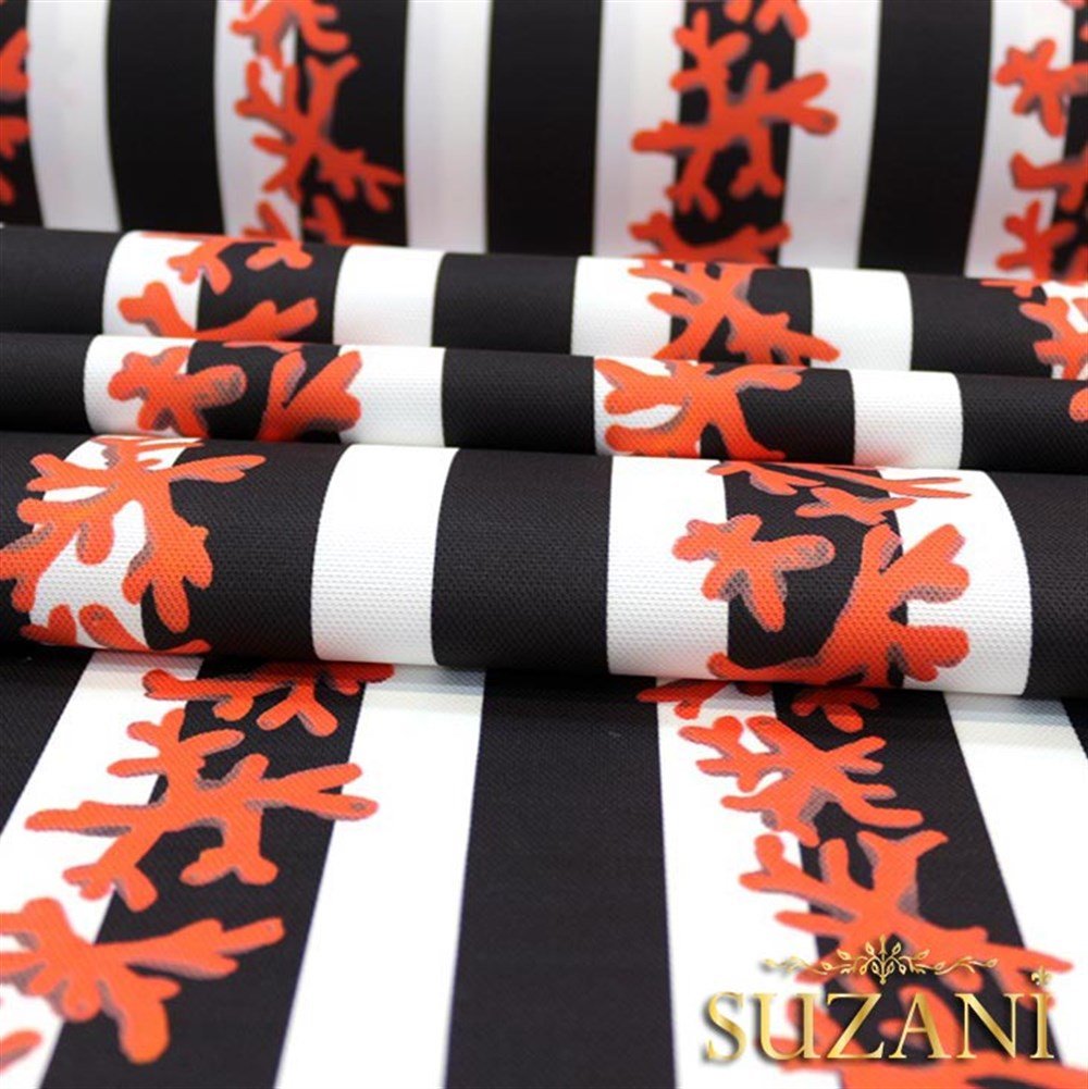 Siyah Beyaz Mercan Dalı Desenli Kumaş