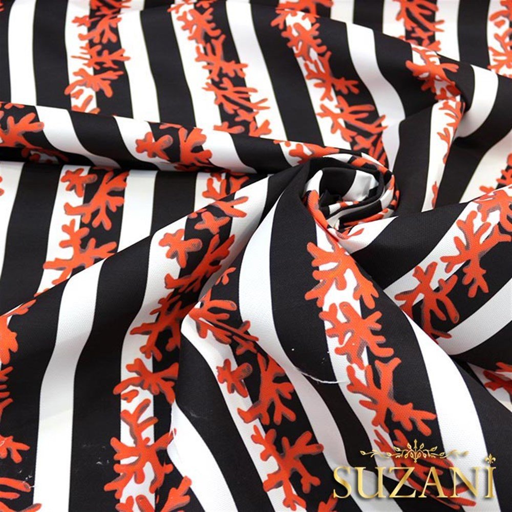 Siyah Beyaz Mercan Dalı Desenli Kumaş