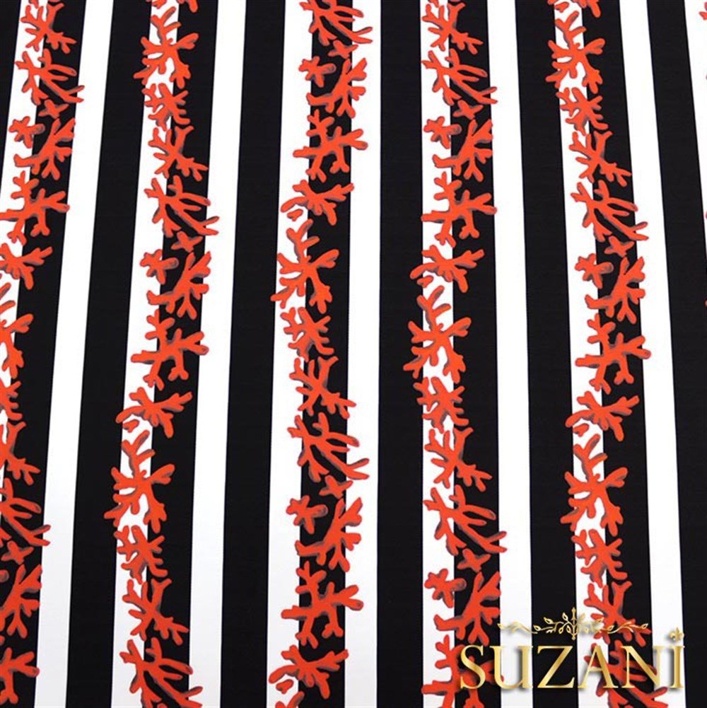 Siyah Beyaz Mercan Dalı Desenli Kumaş