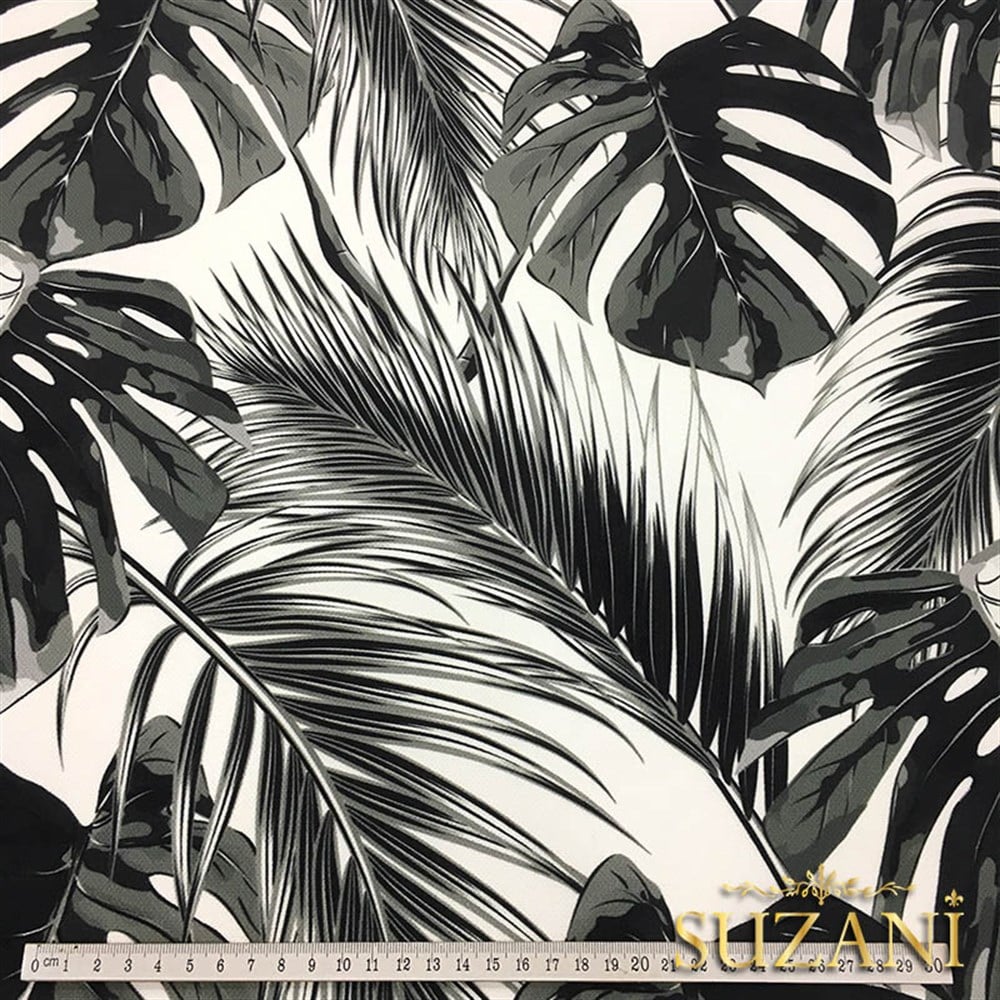 Siyah Beyaz Palmiye Desenli Döşemelik Kumaş