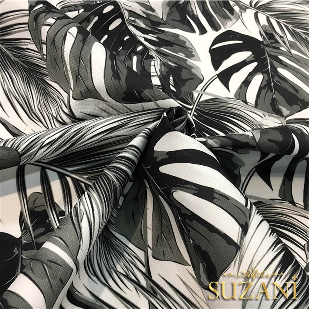 Siyah Beyaz Palmiye Desenli Döşemelik Kumaş