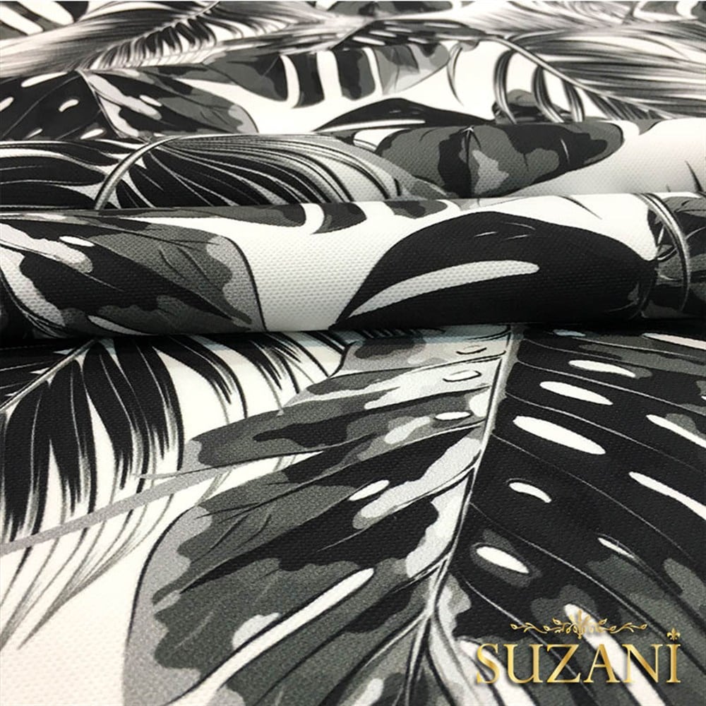 Siyah Beyaz Palmiye Desenli Döşemelik Kumaş