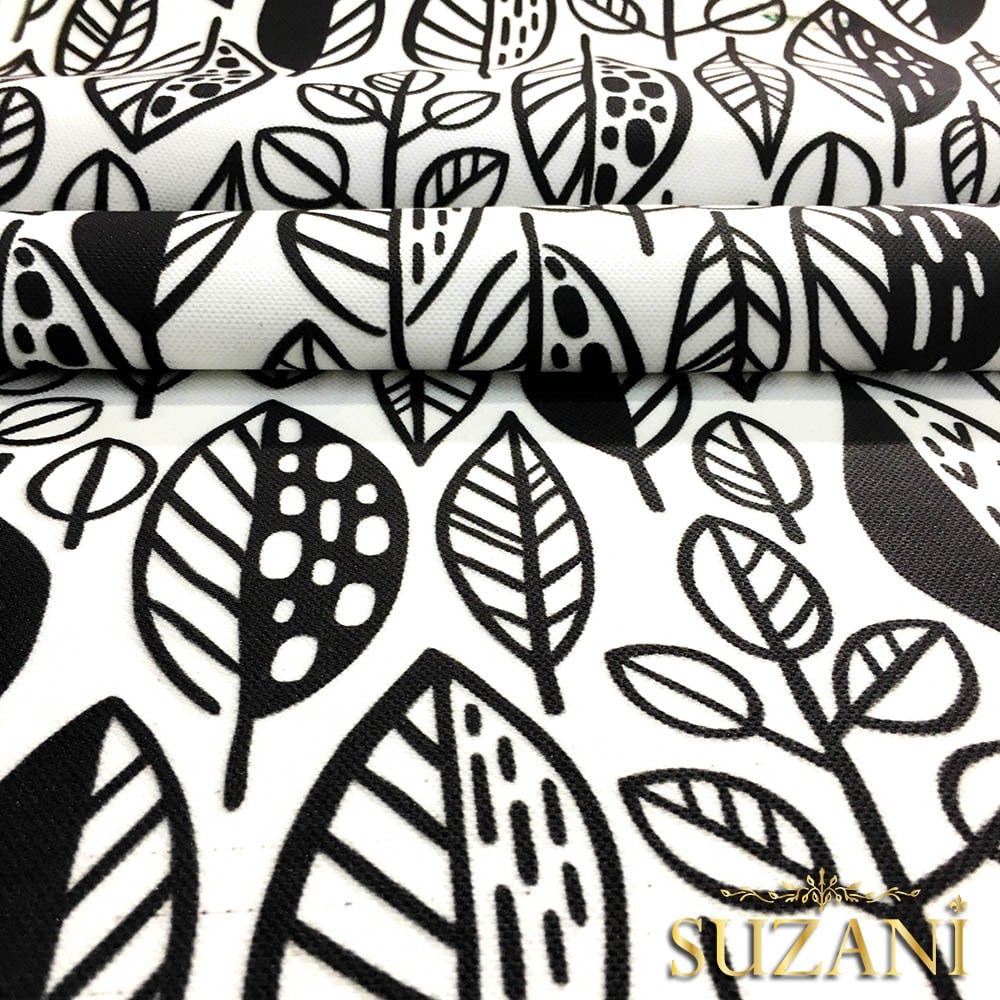 Siyah Beyaz Pop Yaprak Desenli Kumaş