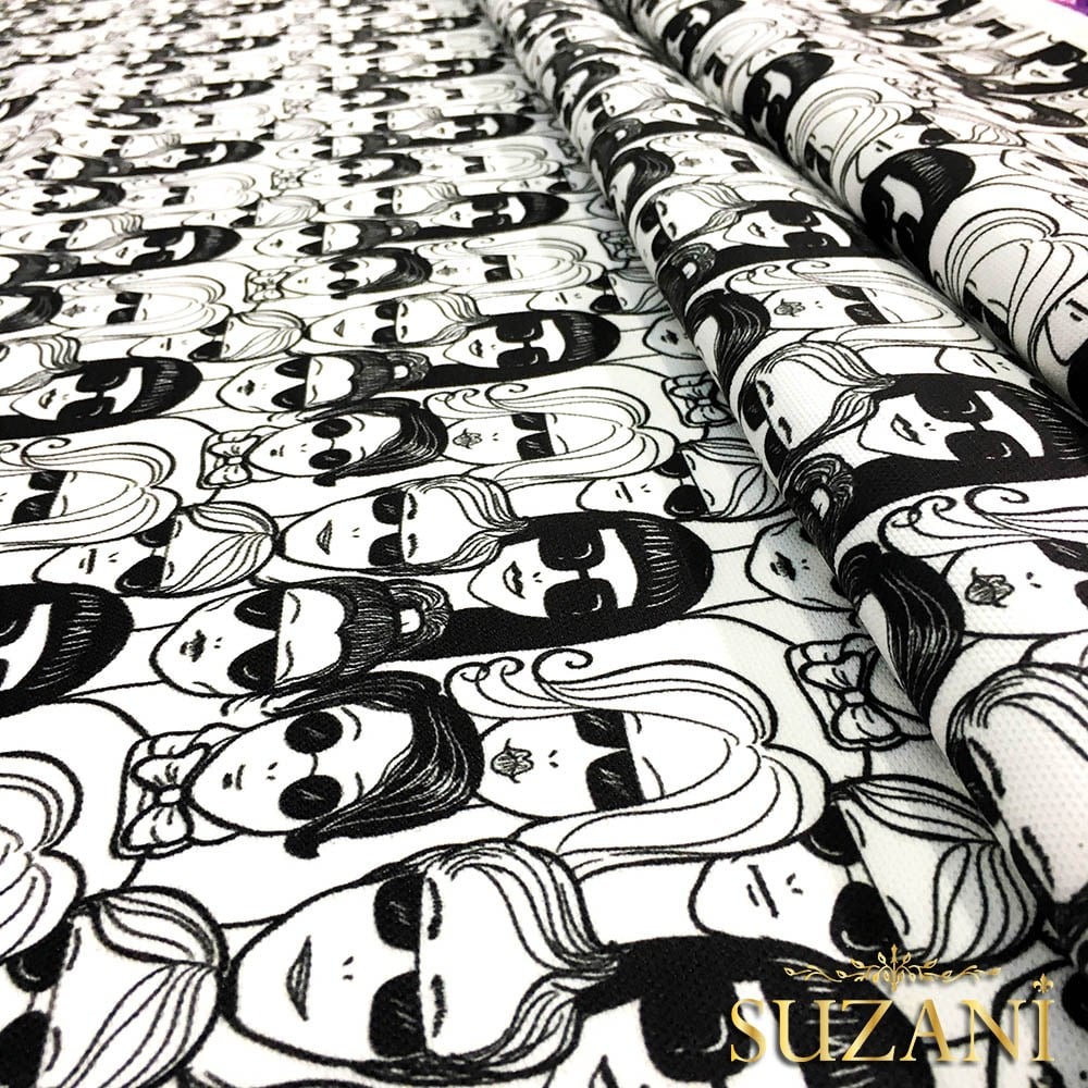 Siyah Beyaz Suratlar Desenli Kumaş