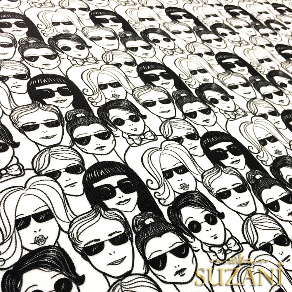 Siyah Beyaz Suratlar Desenli Kumaş