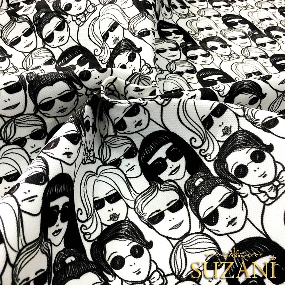 Siyah Beyaz Suratlar Desenli Kumaş