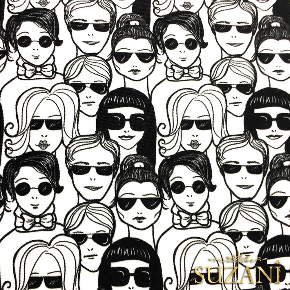 Siyah Beyaz Suratlar Desenli Kumaş