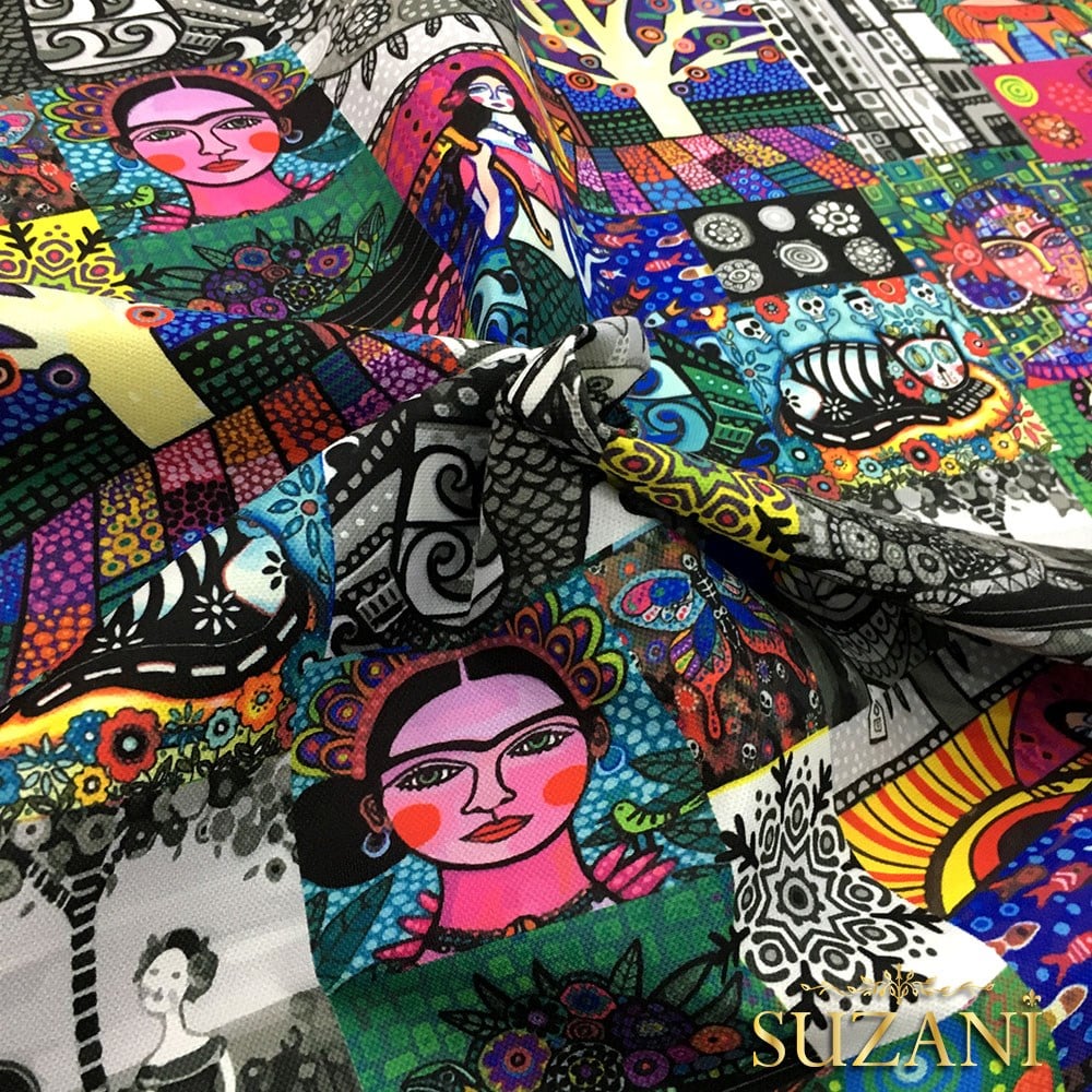 Siyah Beyazlı Patchwork Frida Desenli Kumaş