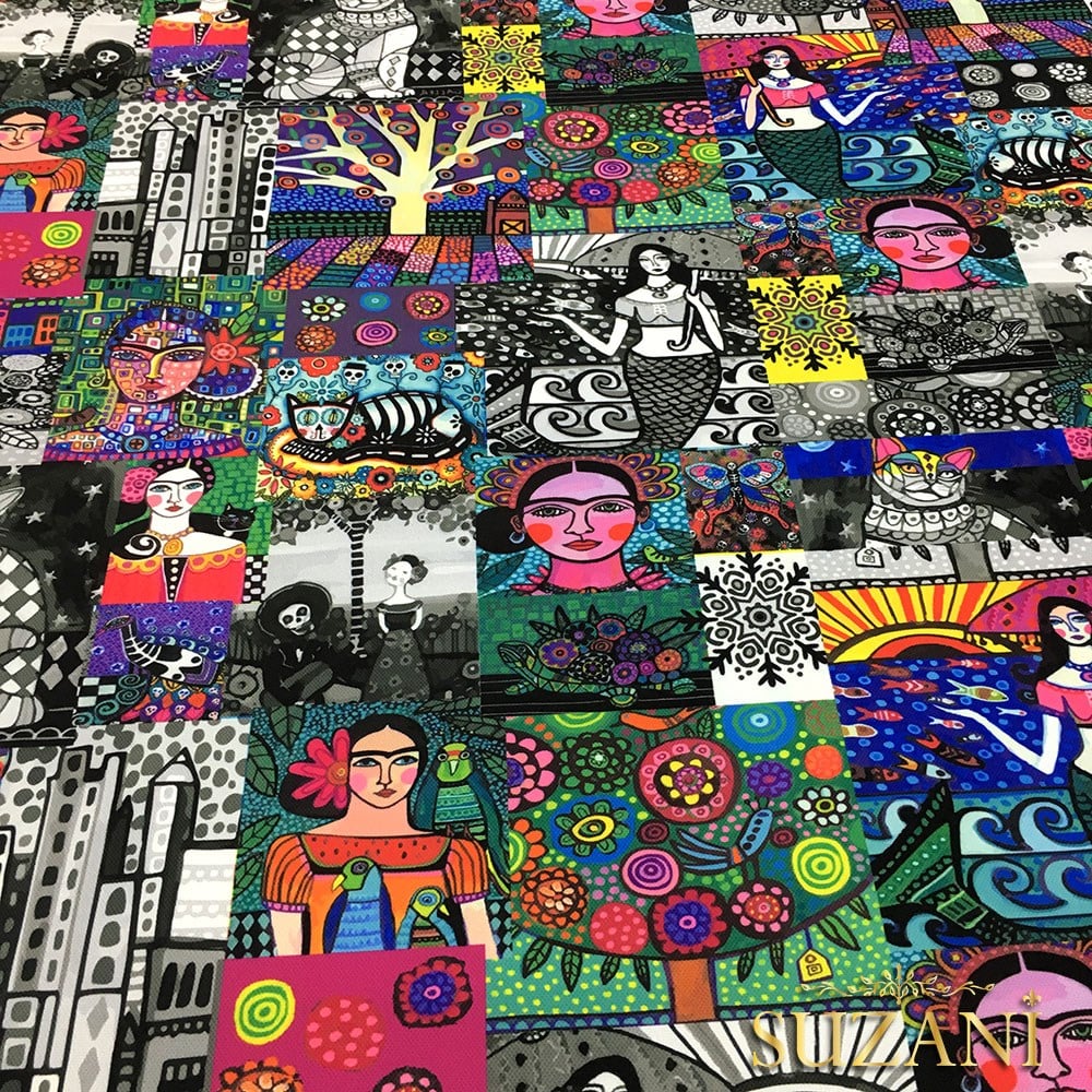 Siyah Beyazlı Patchwork Frida Desenli Kumaş