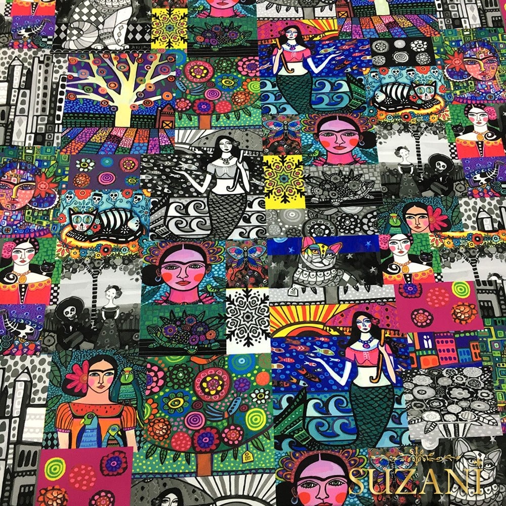 Siyah Beyazlı Patchwork Frida Desenli Kumaş