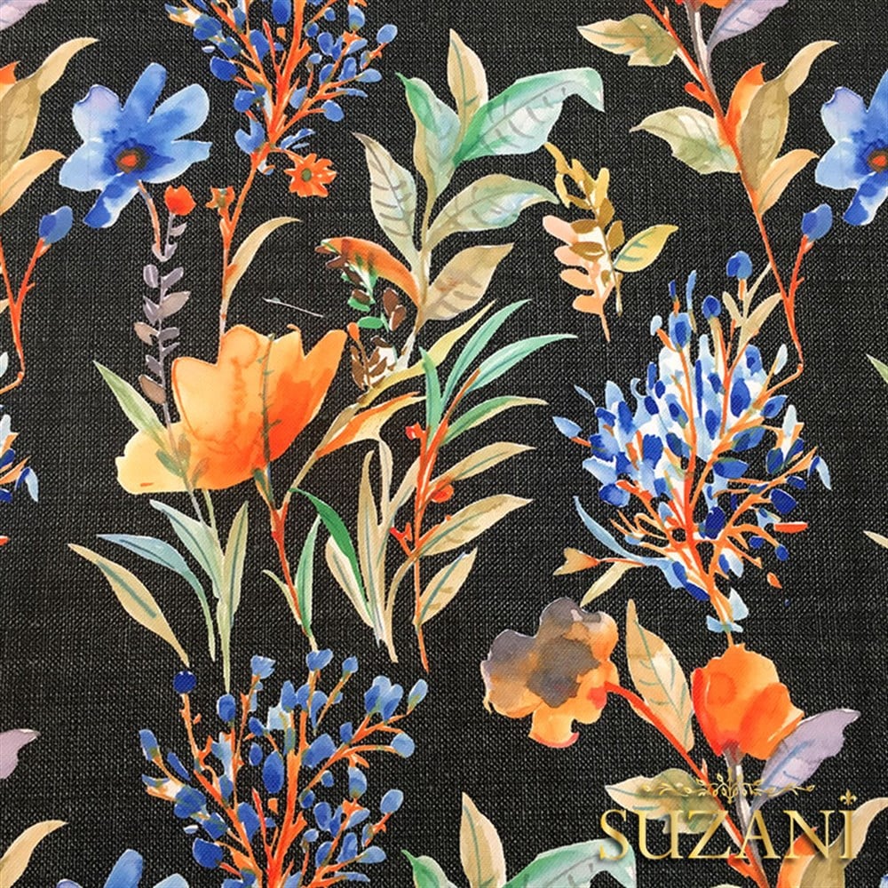 Siyah Keten Mavi Çiçek Desenli Kumaş