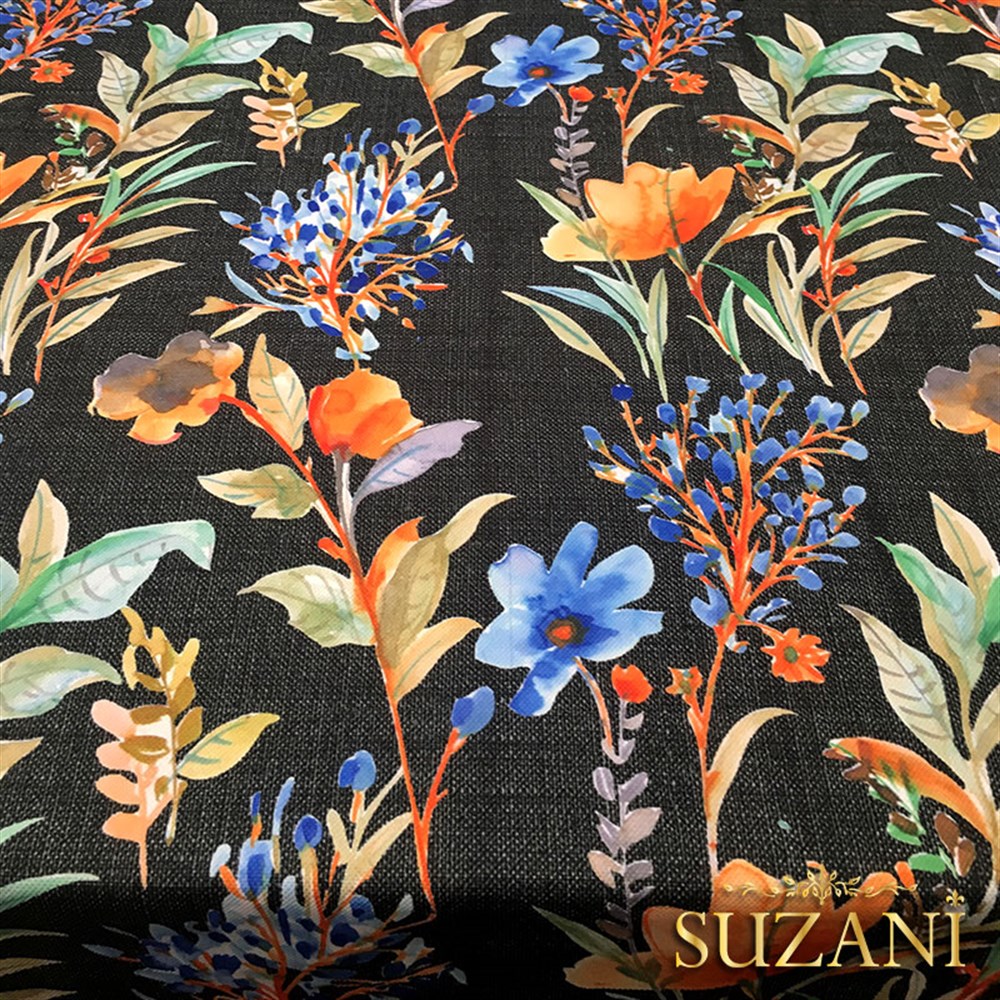 Siyah Keten Mavi Çiçek Desenli Kumaş