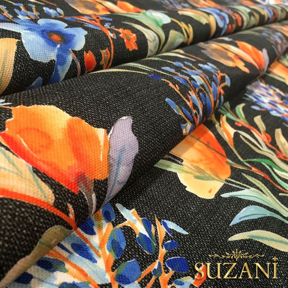 Siyah Keten Mavi Çiçek Desenli Kumaş