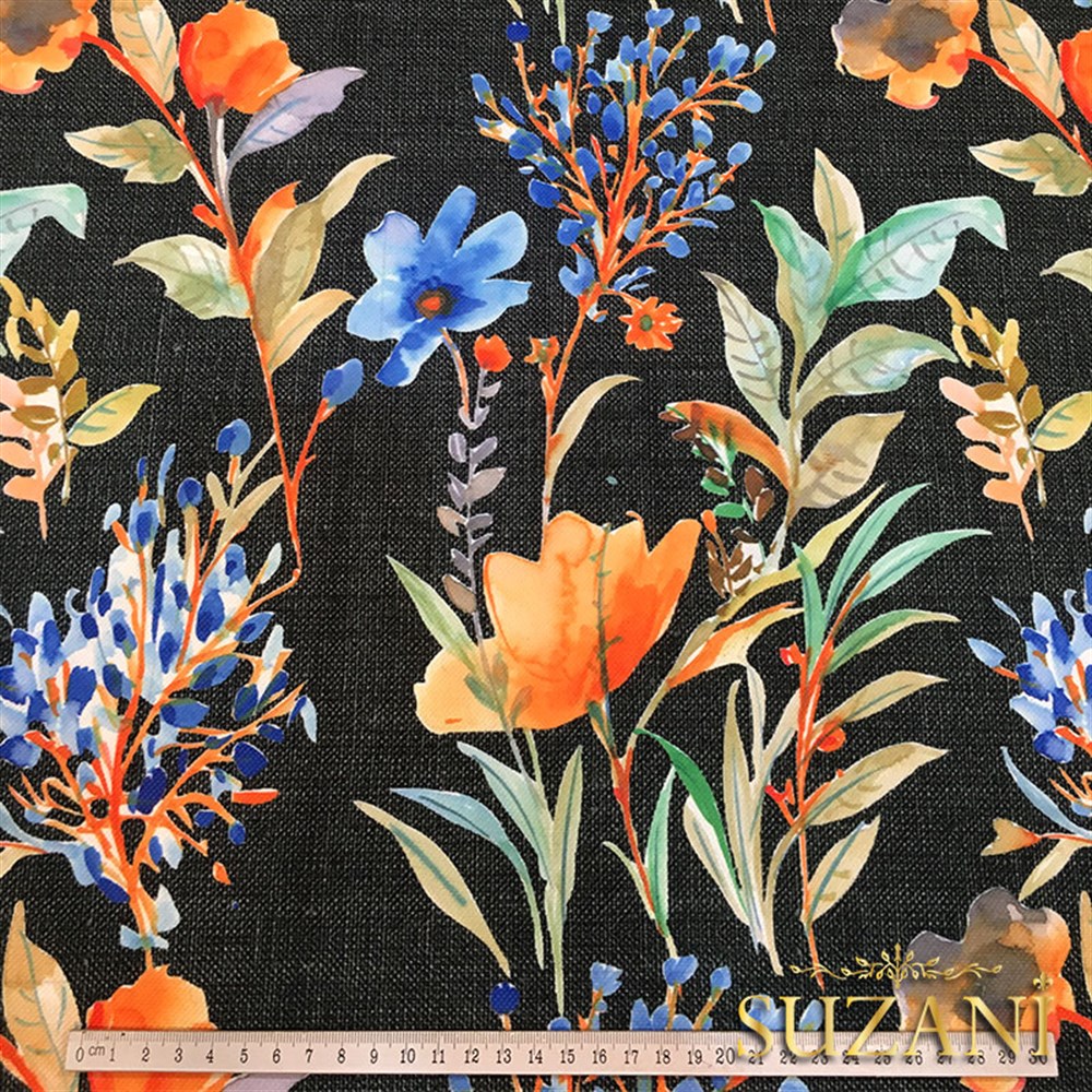 Siyah Keten Mavi Çiçek Desenli Kumaş