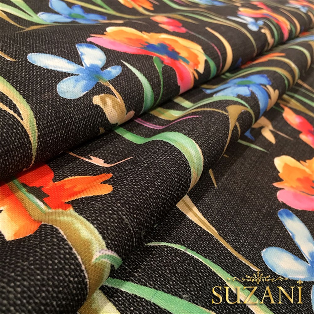 Siyah Keten Suluboya Çiçekler Desenli Kumaş