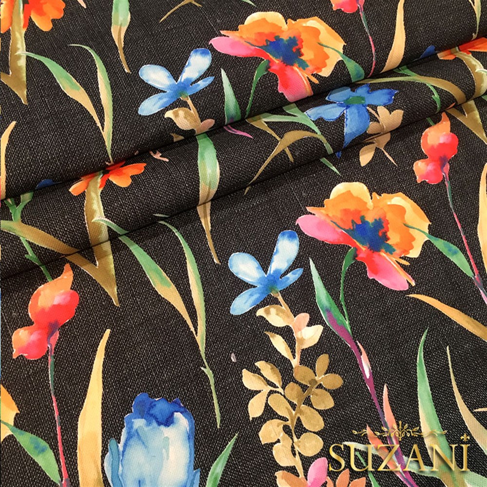 Siyah Keten Suluboya Çiçekler Desenli Kumaş