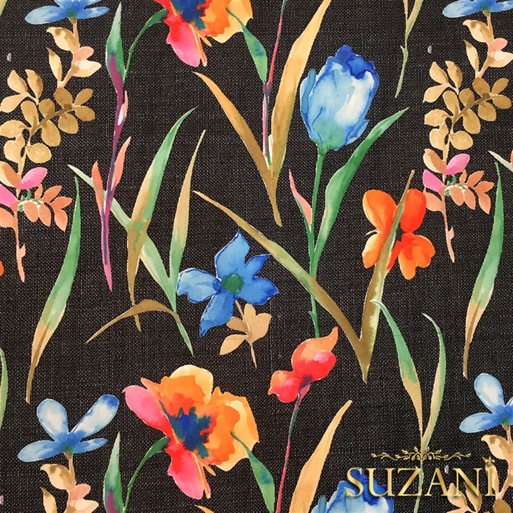 Siyah Keten Suluboya Çiçekler Desenli Kumaş