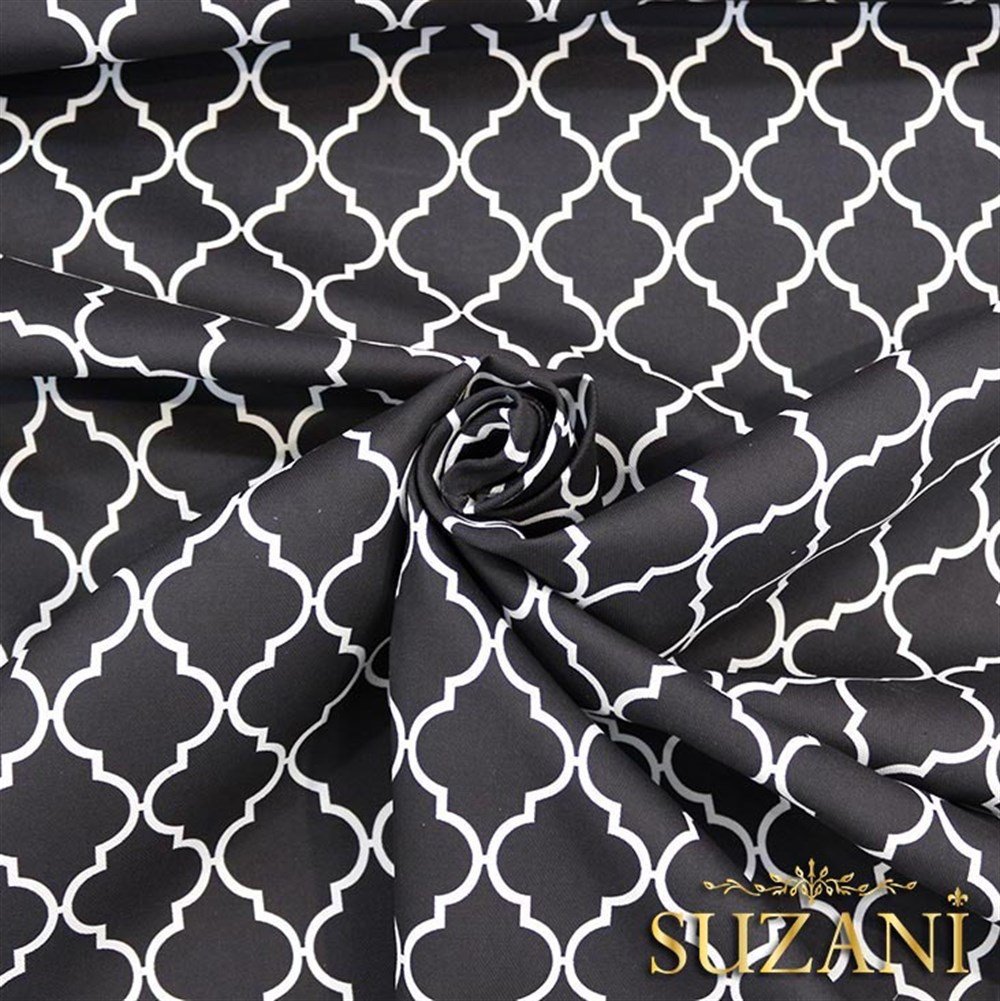 Siyah Üzeri Beyaz Moroccan Desenli Kumaş