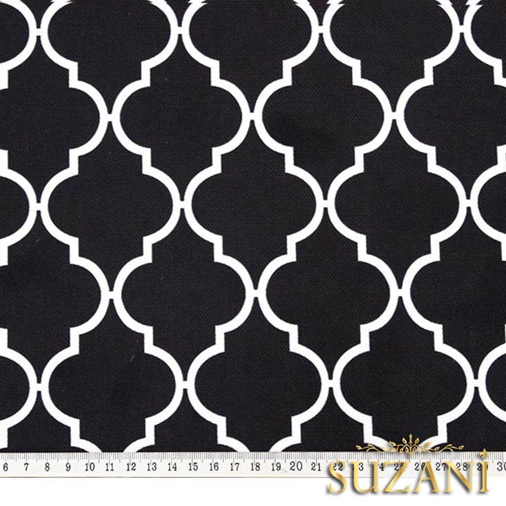 Siyah Üzeri Beyaz Moroccan Desenli Kumaş