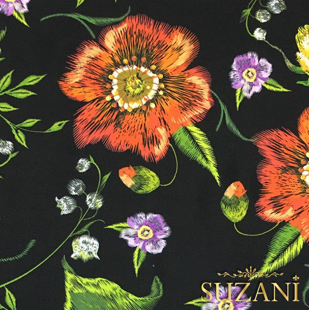 Siyah Üzeri Kırmızı Mor Çiçekli Kumaş