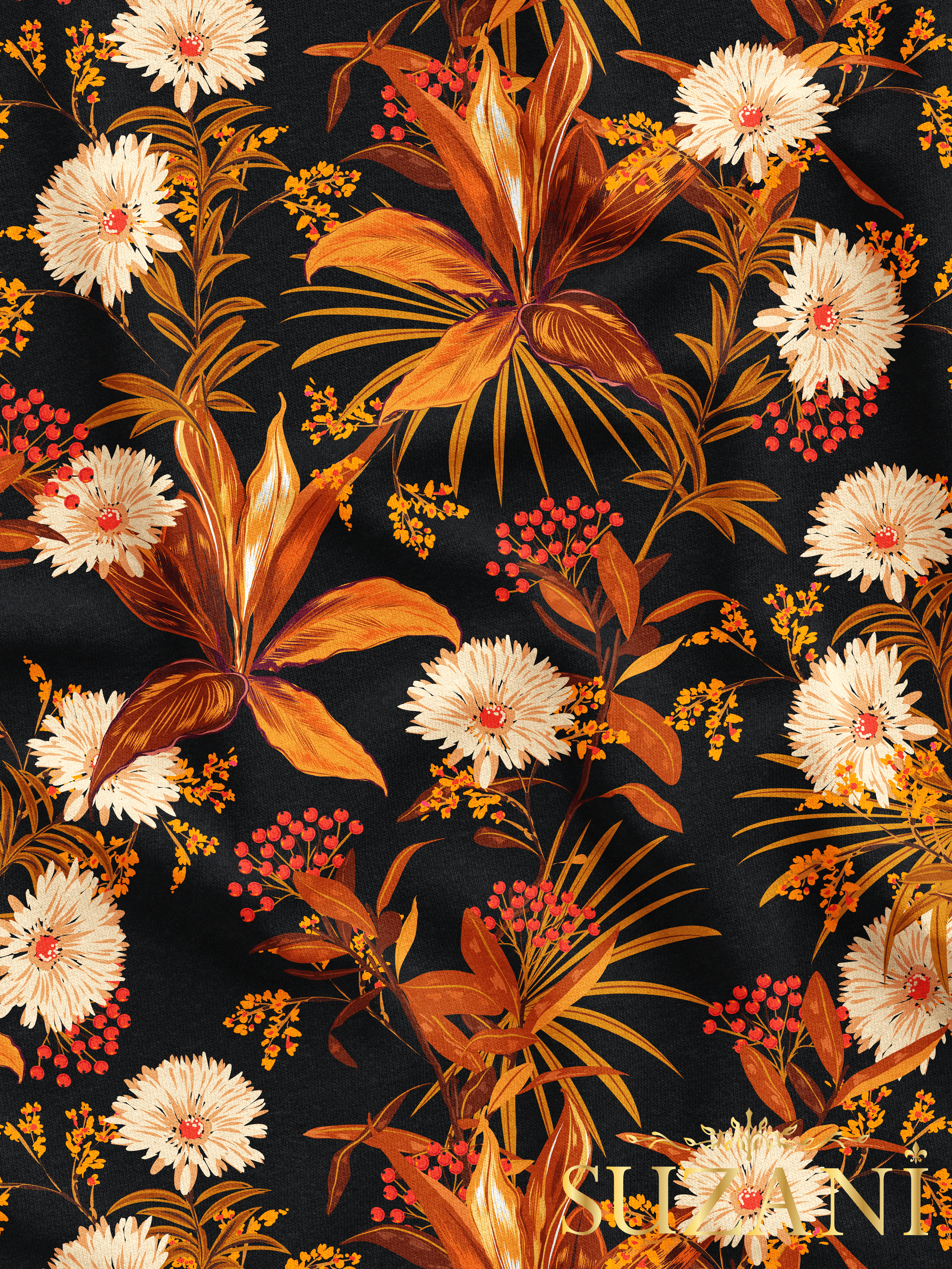 Siyah Zemin Çiçek Açan Desenli Dijital Baskılı Kumaş