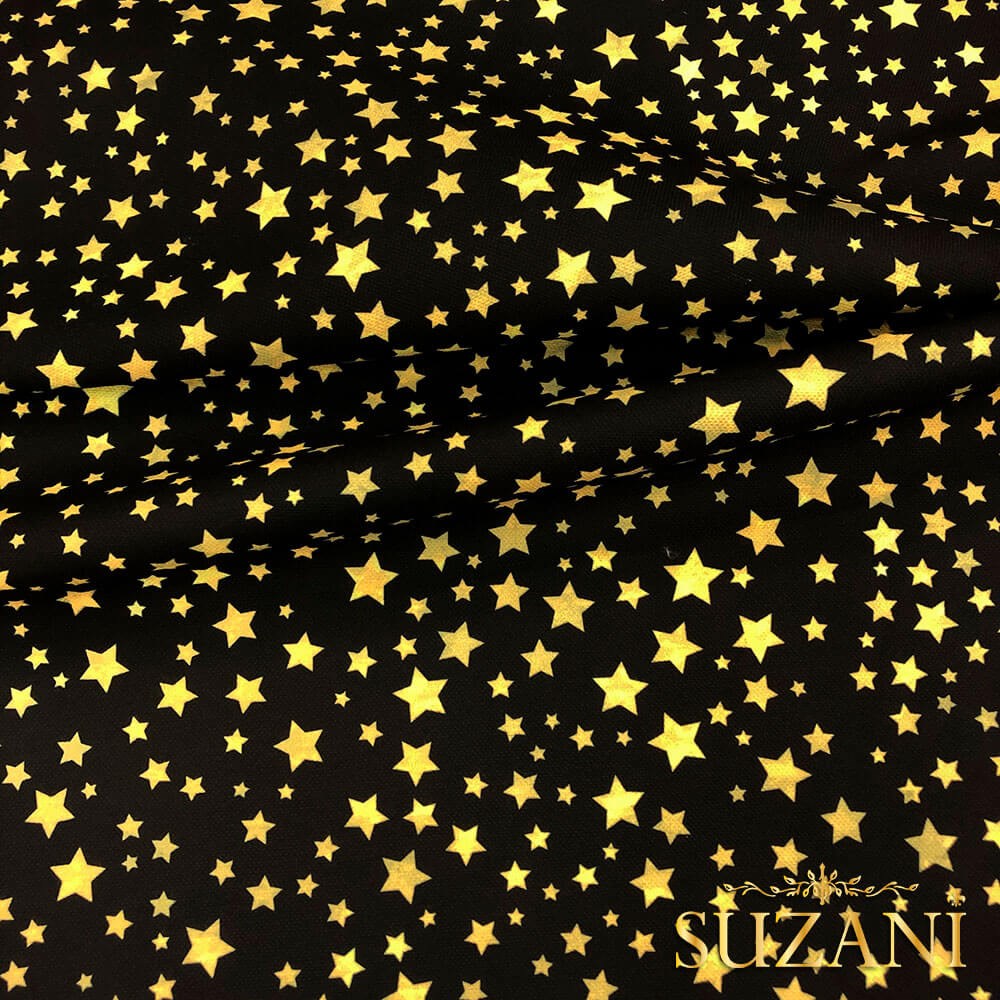 Siyah Zemin Gold Yıldız Desenli Dijital Baskılı Kumaş