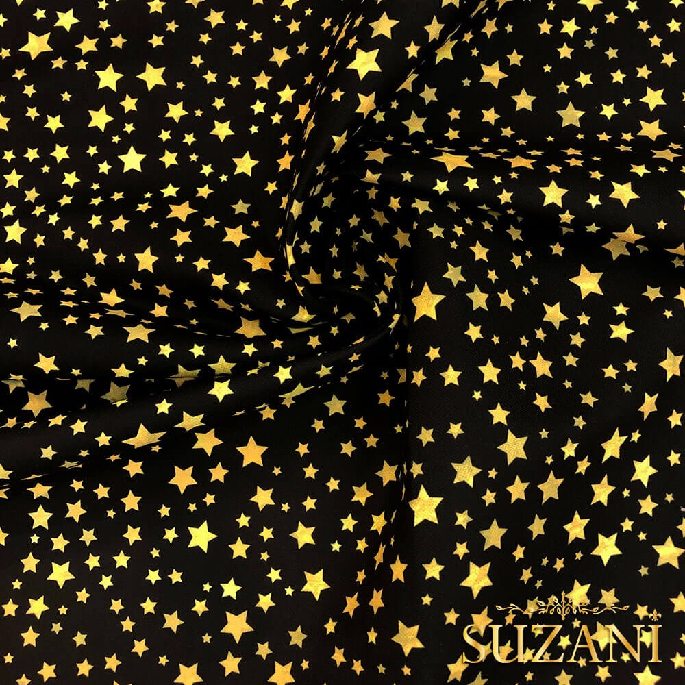 Siyah Zemin Gold Yıldız Desenli Dijital Baskılı Kumaş