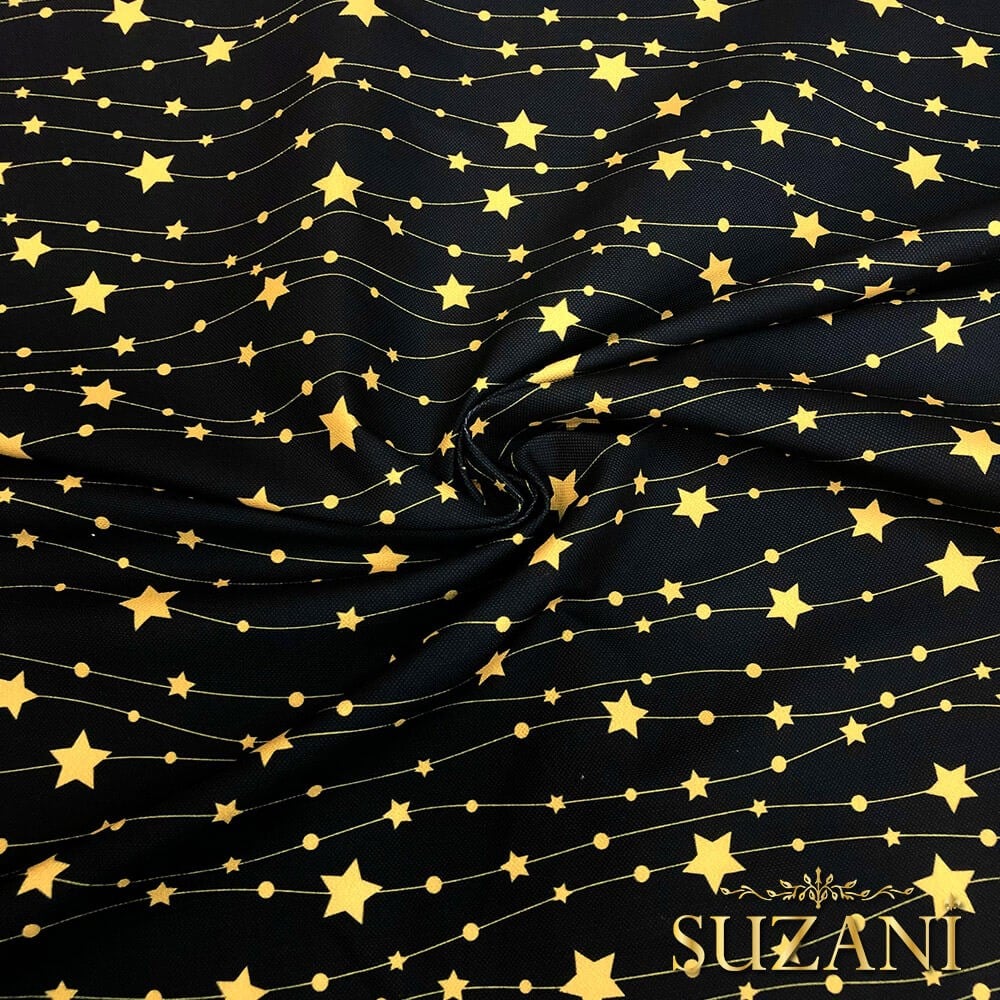 Siyah Zemin Gold Yıldızlı Dijital Baskılı Kumaş