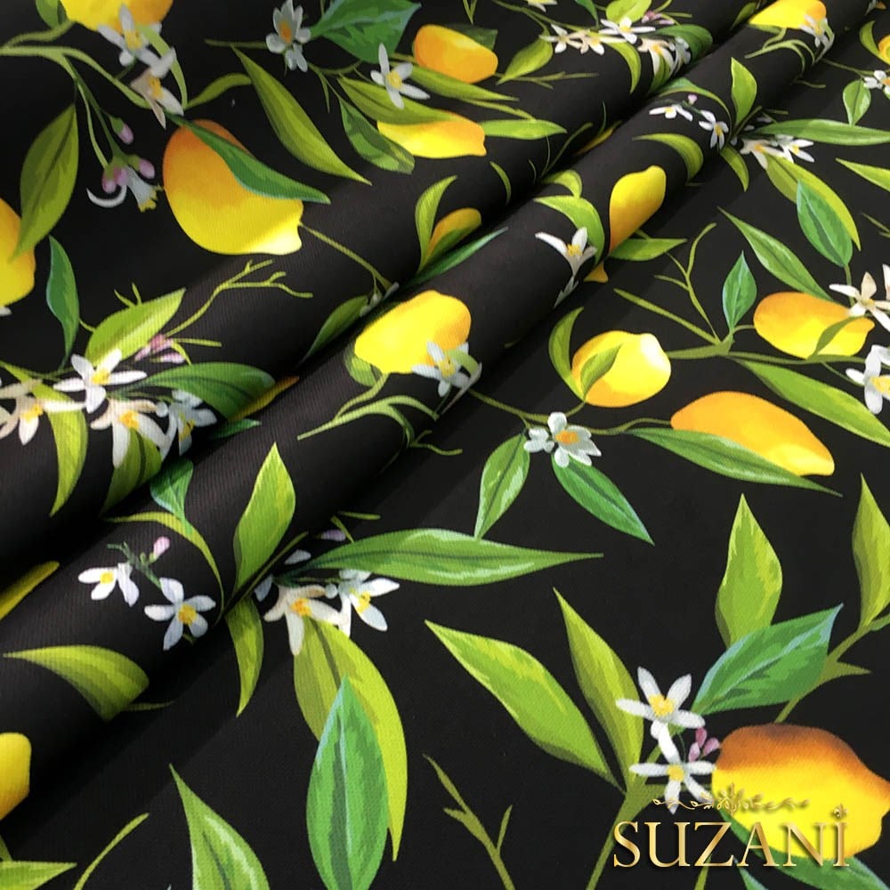 Siyah Zemin Limon Desenli Kumaş