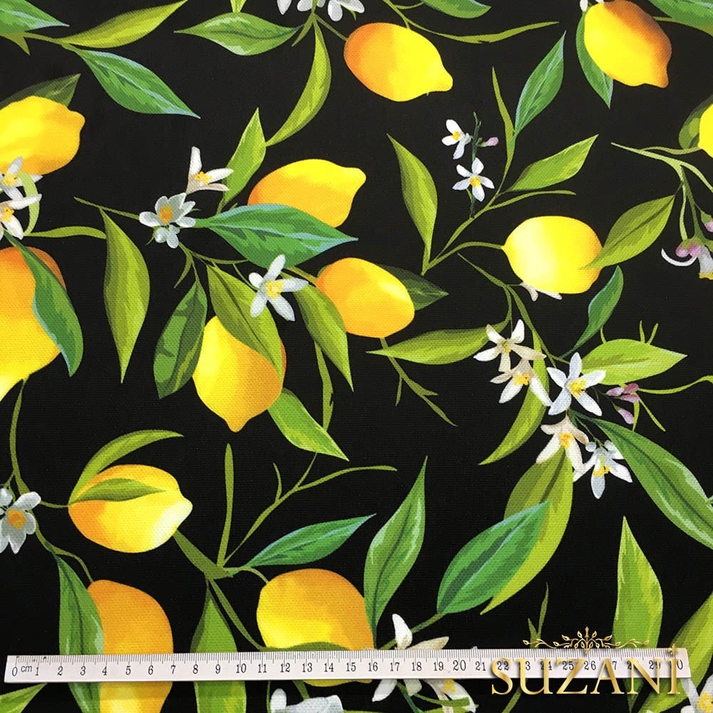 Siyah Zemin Limon Desenli Kumaş