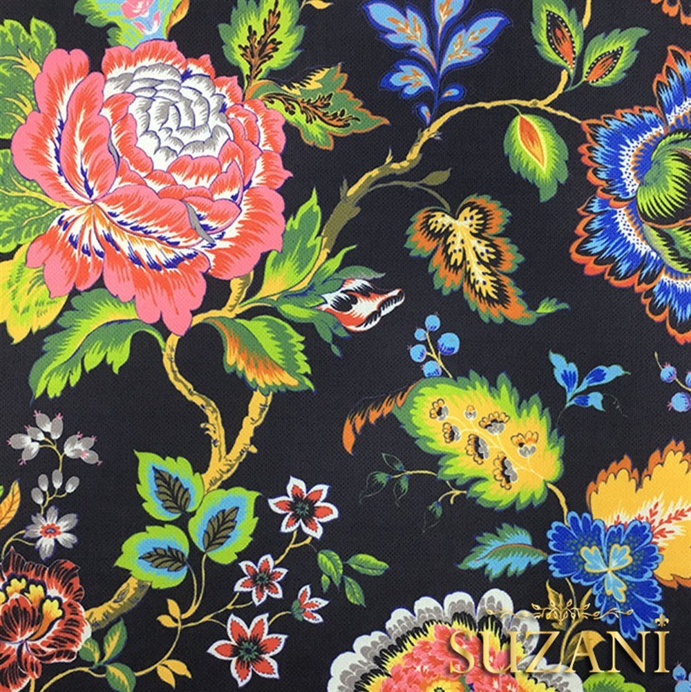 Siyah Zemin Mavi Pembe Çiçekli Kumaş