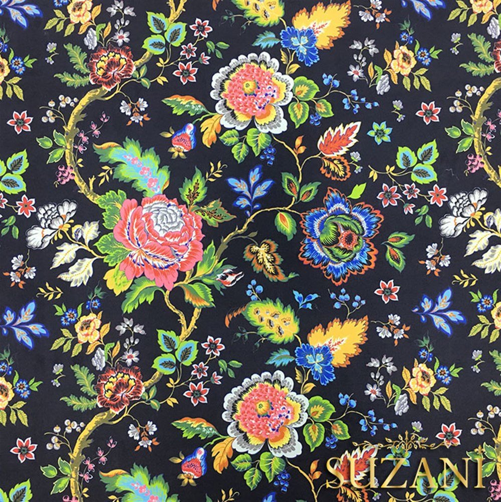 Siyah Zemin Mavi Pembe Çiçekli Kumaş