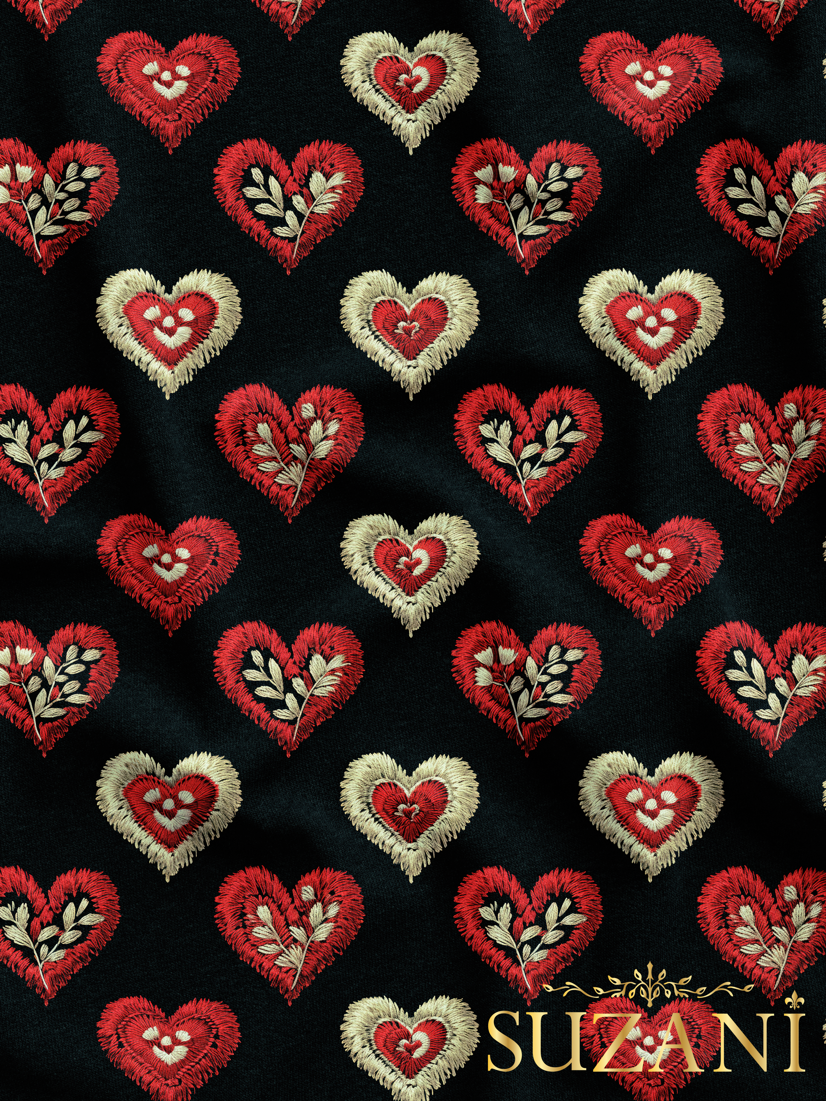 Siyah Zemin Nakış Efektli Çiçekli Kalp Desenli Dijital Baskılı Kumaş