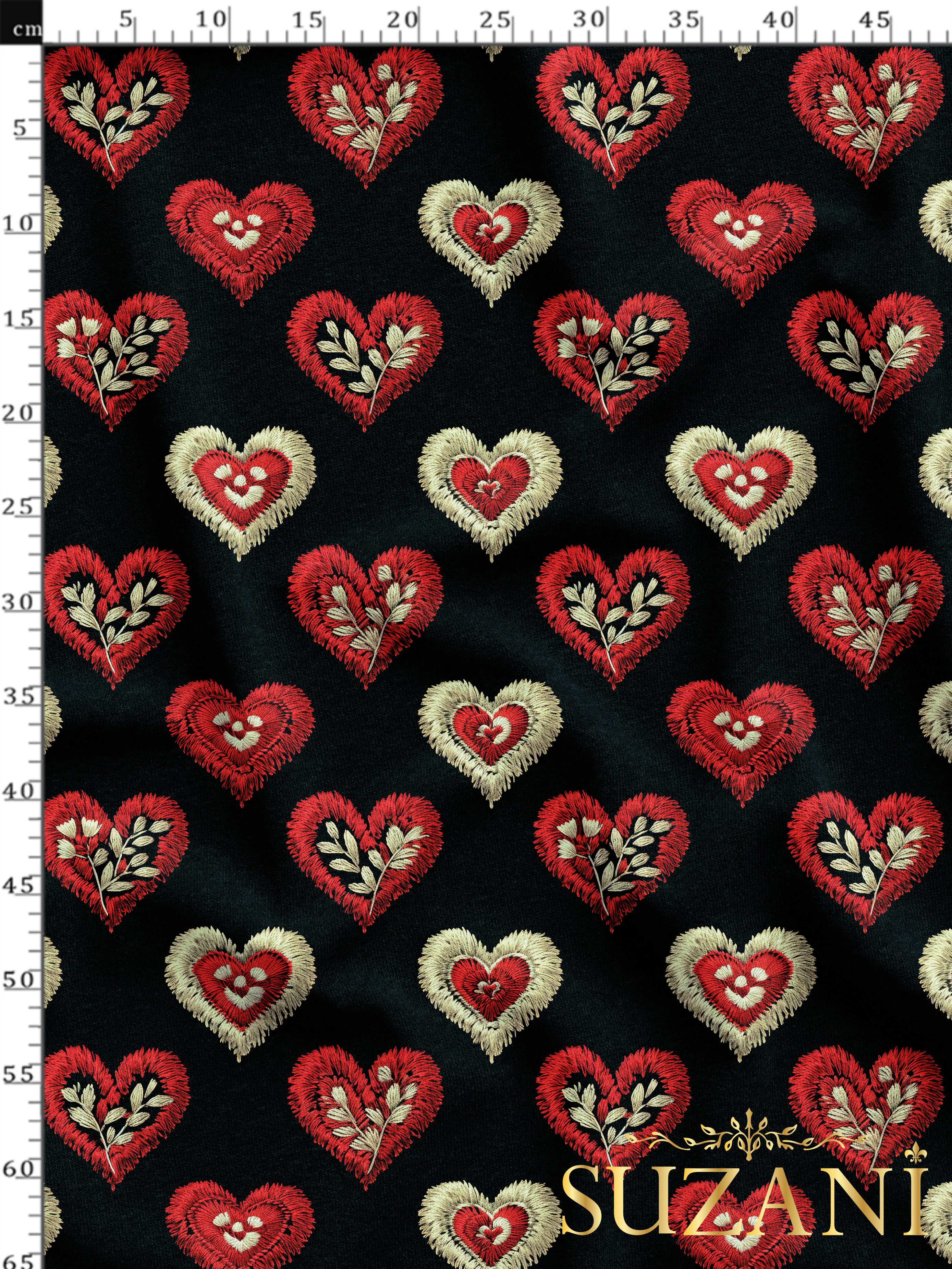 Siyah Zemin Nakış Efektli Çiçekli Kalp Desenli Dijital Baskılı Kumaş