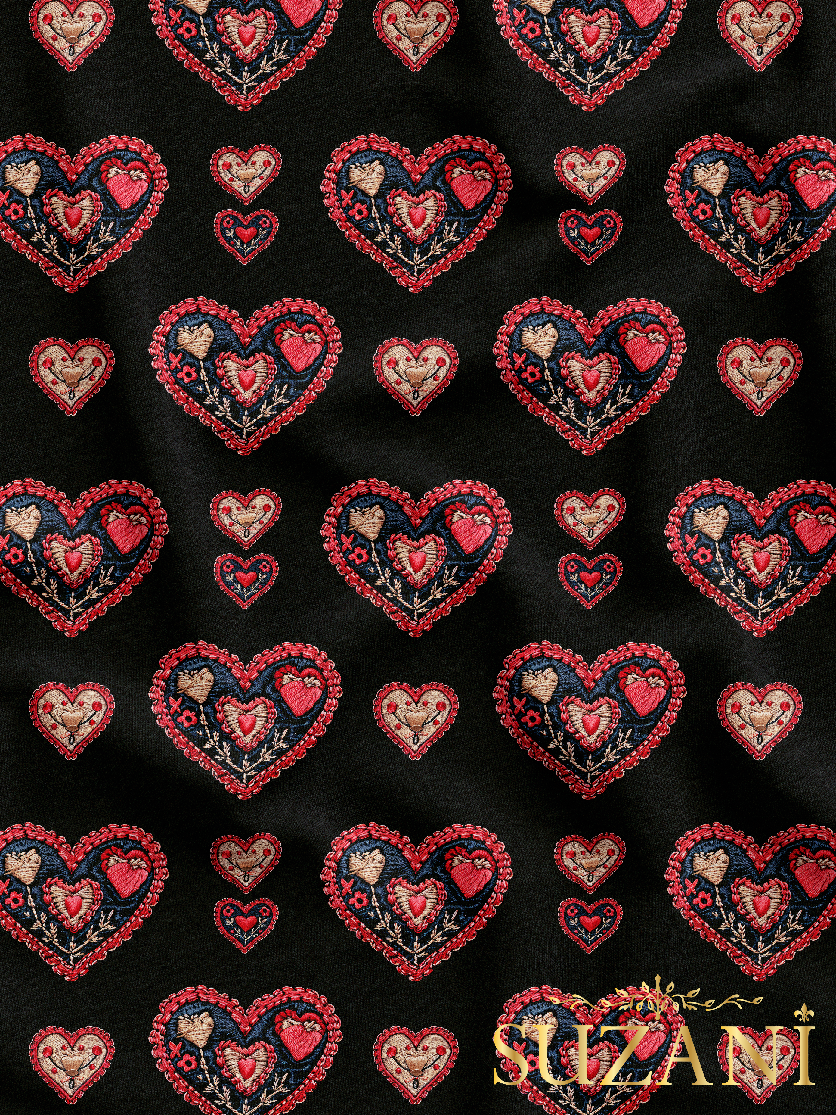 Siyah Zemin Nakış Efektli Kalp Desenli Dijital Baskılı Kumaş